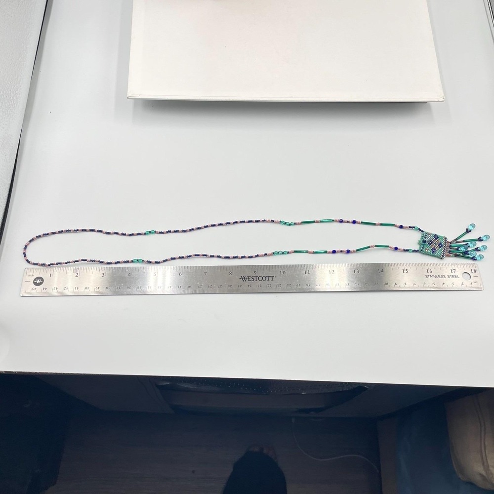Handmade Beaded Pendant Necklace Boho Seed Bead Geometric Teal Pink Glass Fringe - Picture 7 of 8